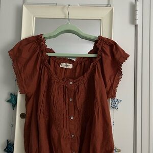 Lucky Brand rust Brown Smocked Ruffled Blouse S